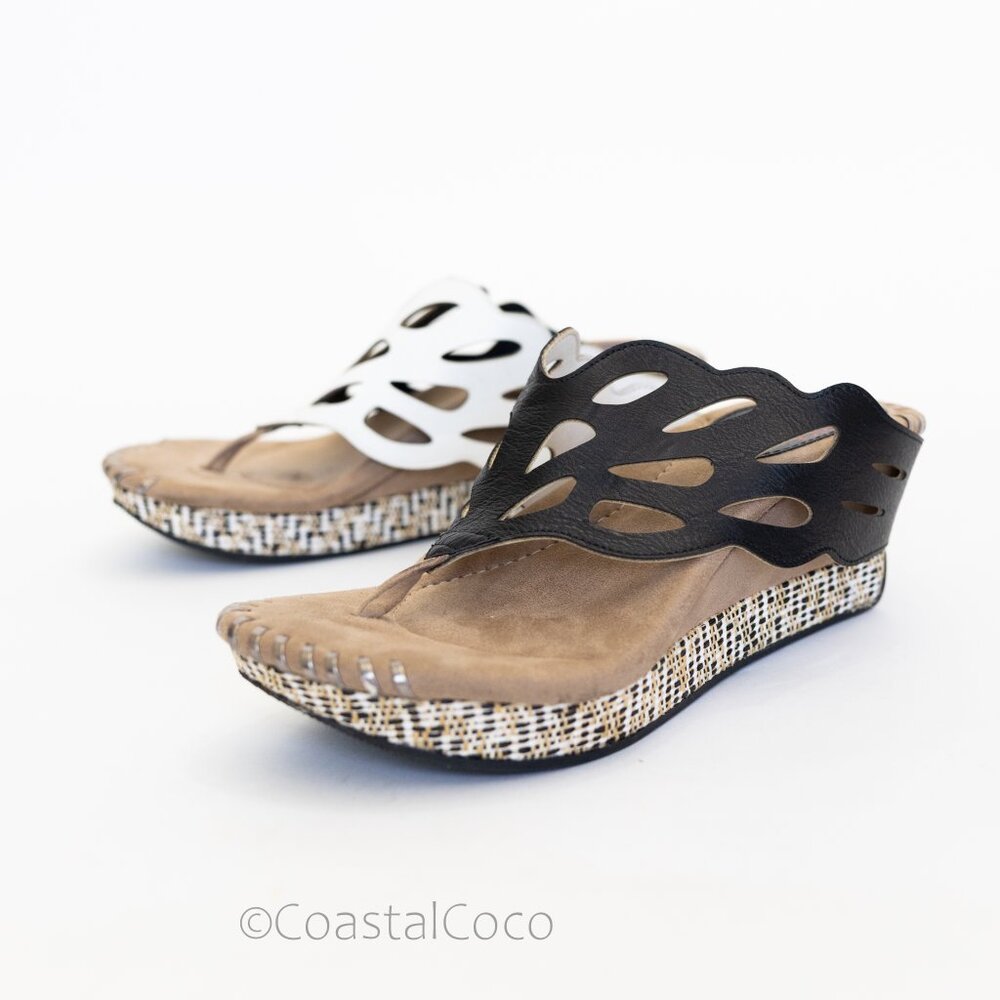 Modzori Troya Reversible Sandals 9 Wedge Thong Black/White Cutout Bohemian Artsy - Picture 2 of 10